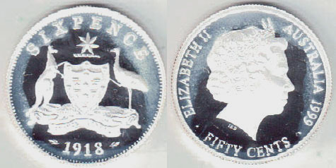 1999 Australia silver 50 Cents (1918 Sixpence) Proof